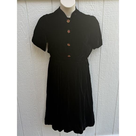 Vintage Handmade Black Velvet Cocktail Dress 1930s-40s Side Metal Zipper A Line - Picture 1 of 15